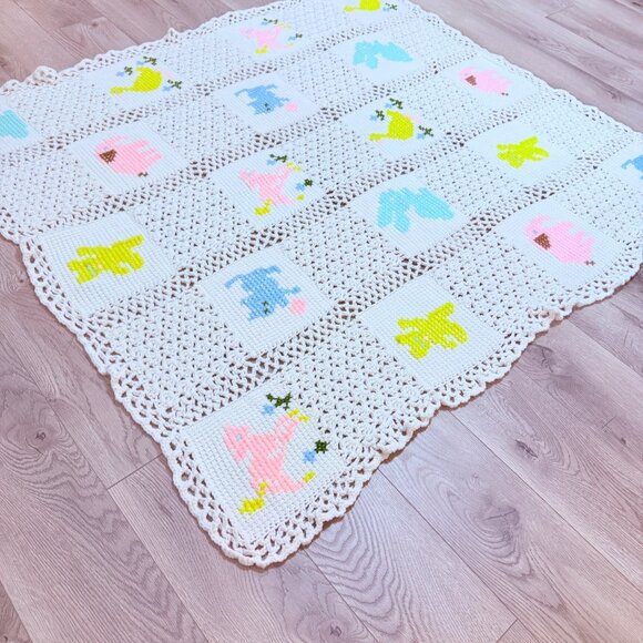 Crochet Baby Toddler Blanket Afghan Throw Unisex Pastel Animal Motif Shower Gift - Picture 4 of 12